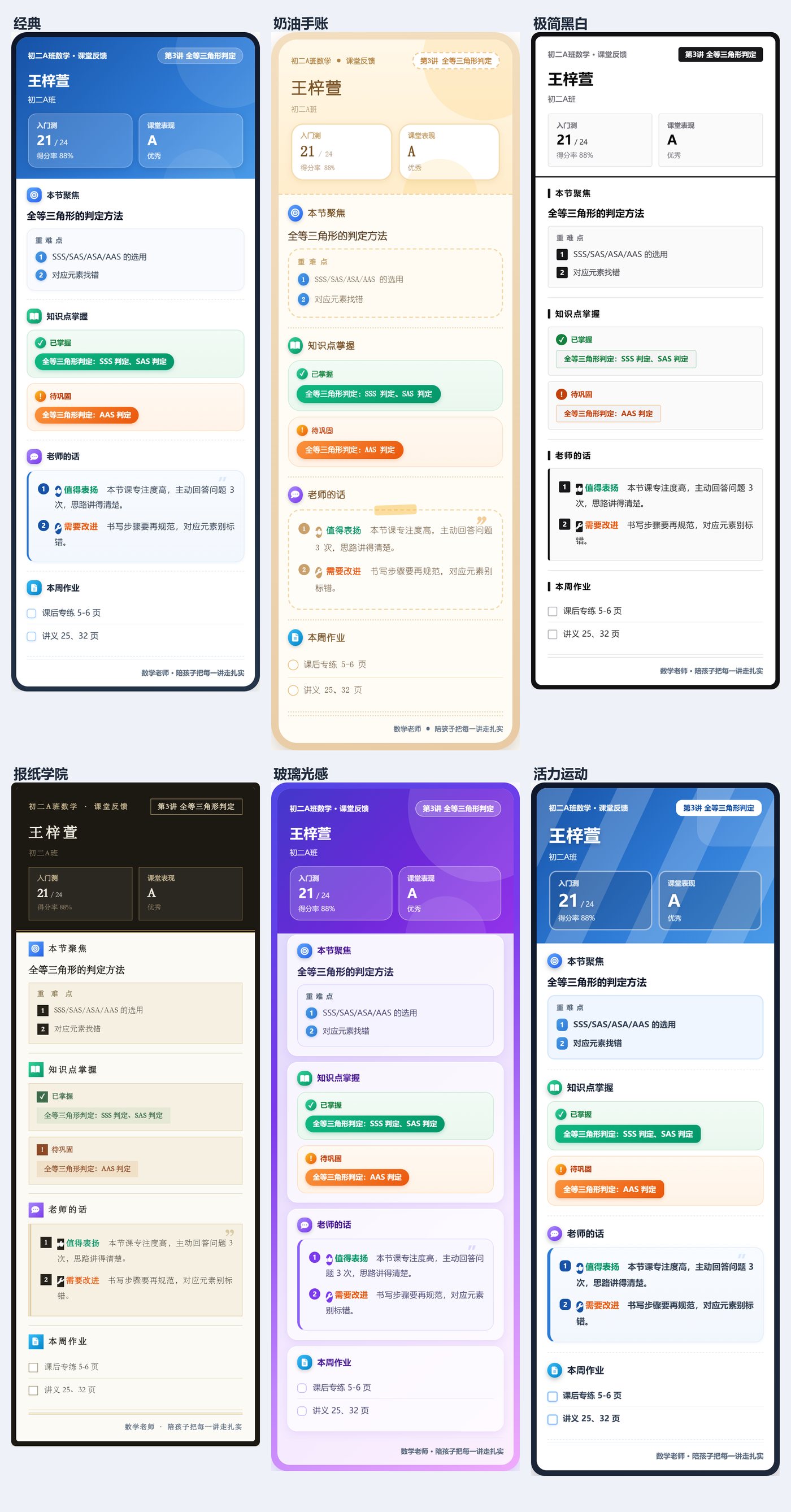 六种家长端反馈卡风格：经典、奶油手账、极简黑白、报纸学院、玻璃光感、活力运动